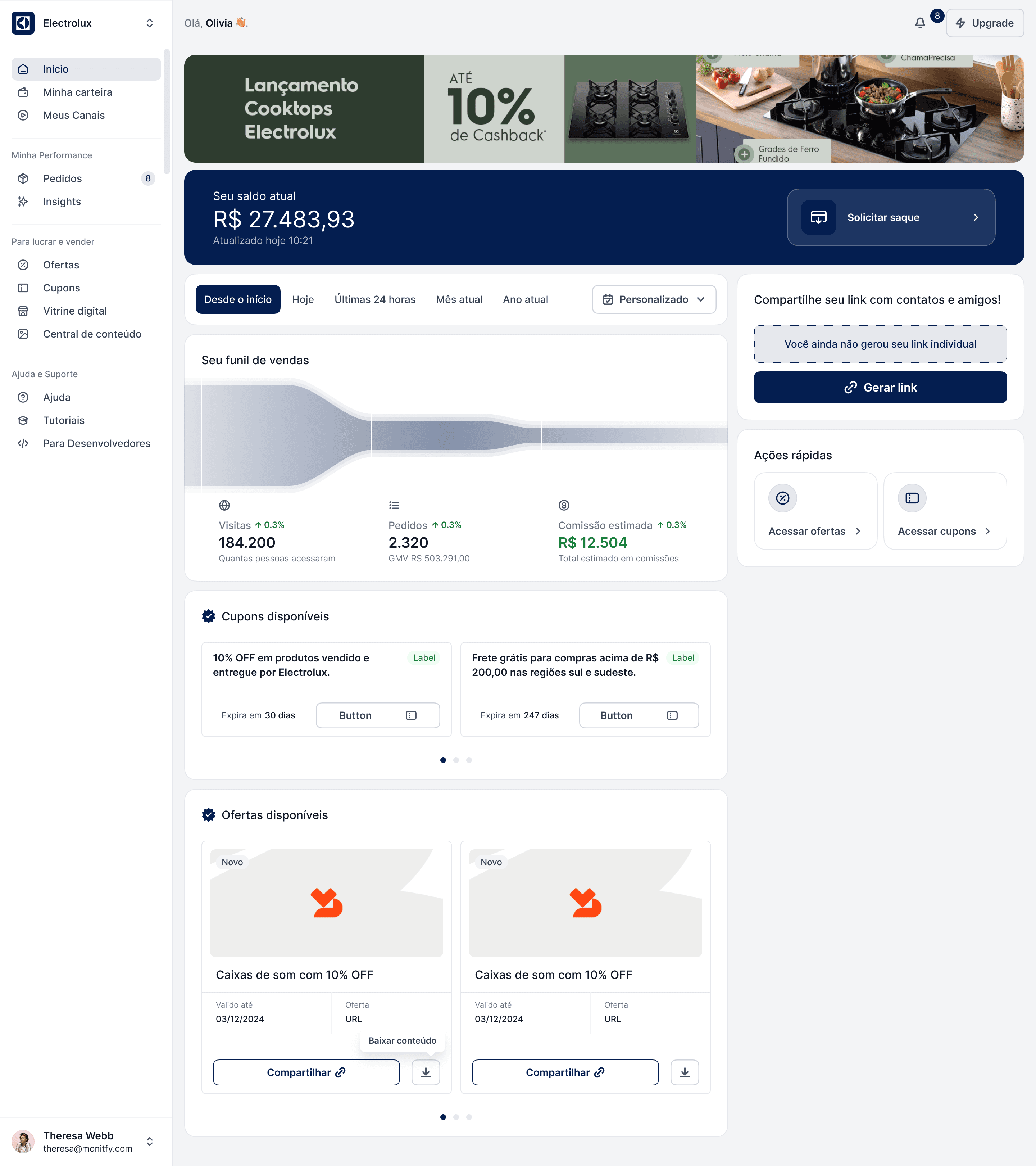 Affiliate dashboard personalized with the company's brand
