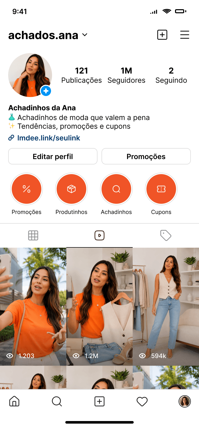 Perfil de creator no Instagram com link de afiliado na bio